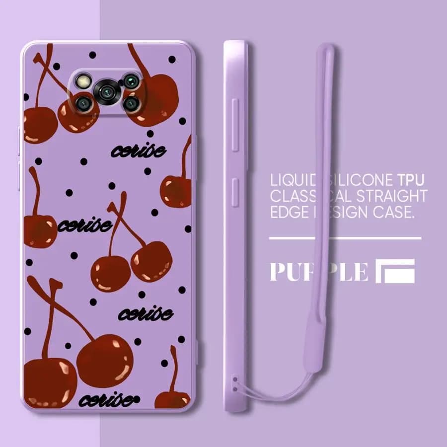 Capa roxa para Xiaomi Poco F5 em silicone TPU flexível com estampa de cerejas vermelhas e pontos pretos
