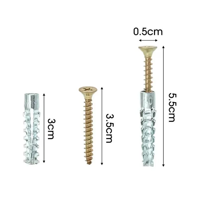 Dimensões do parafuso dourado 3,5cm e bucha metálica 3cm para fixação em parede de concreto