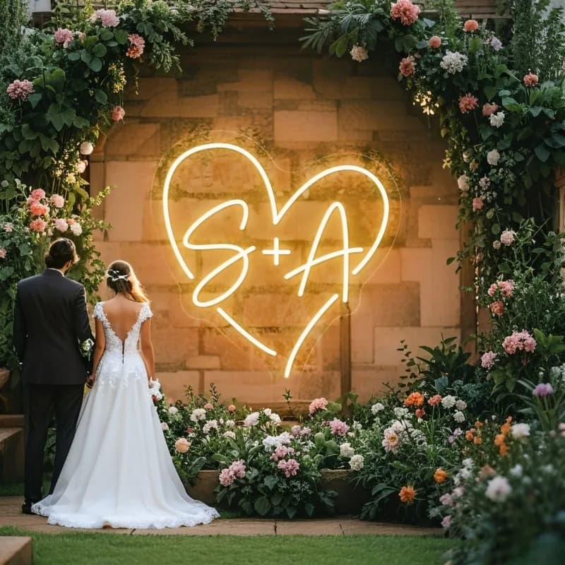 Noiva e noivo com coração LED personalizado em casamento