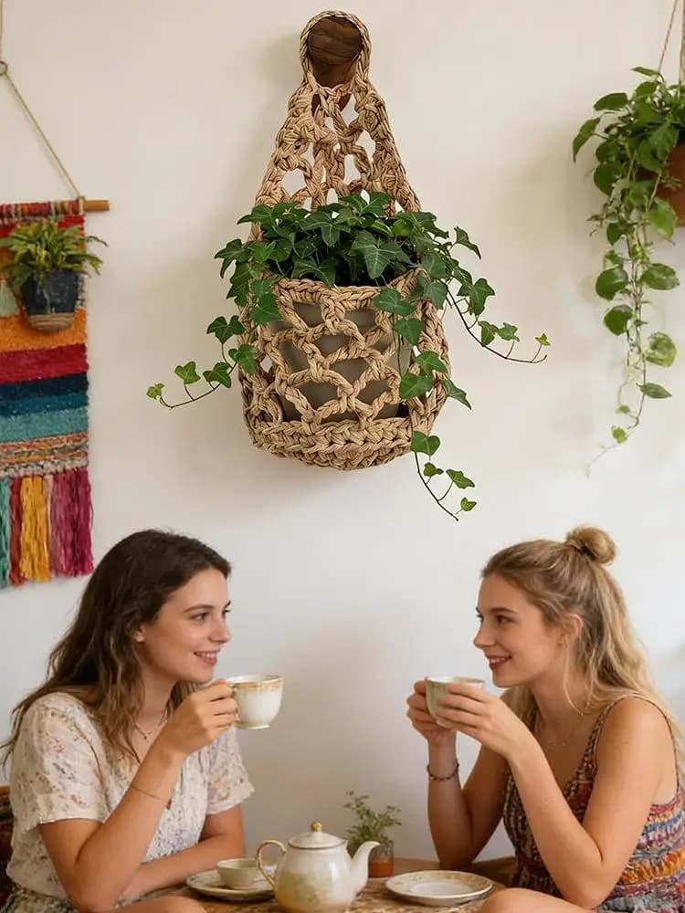 Suporte de macramê boho artesanal em algodão cor natural com planta pendurada em ambiente aconchegante