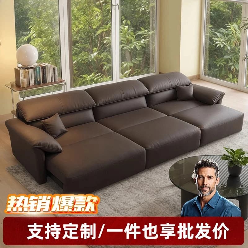 Sofá-cama retrátil moderno de couro marrom, design minimalista italiano, sala com vista para o exterior