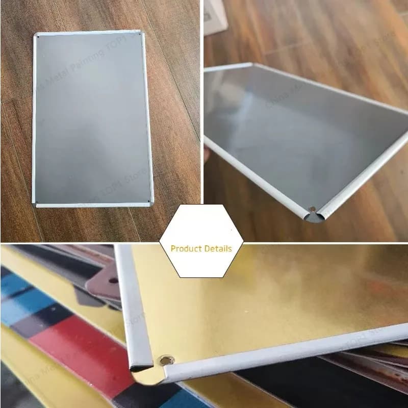 Detalhes da placa de metal decorativa vintage com acabamento liso e cantos arredondados para segurança