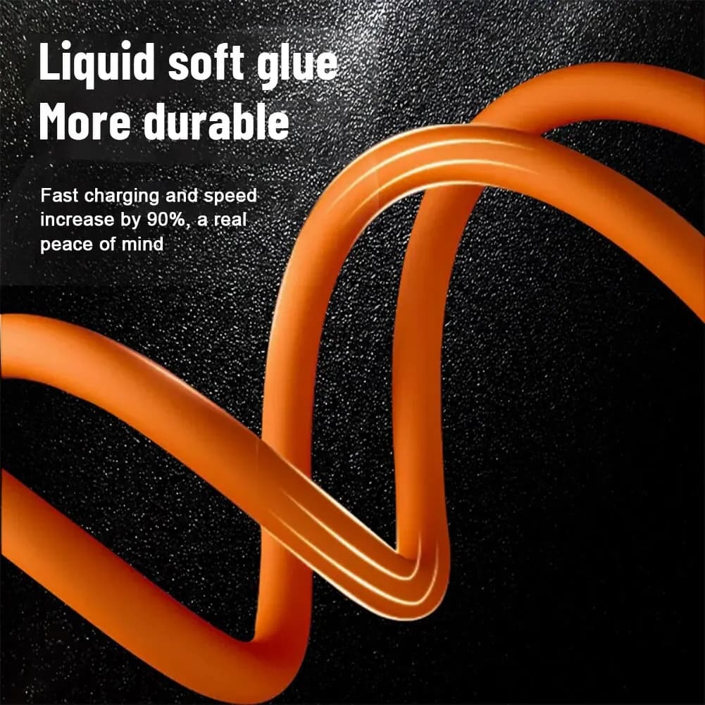 Detalhe do cabo USB Tipo C laranja com revestimento de silicone líquido flexível e resistente