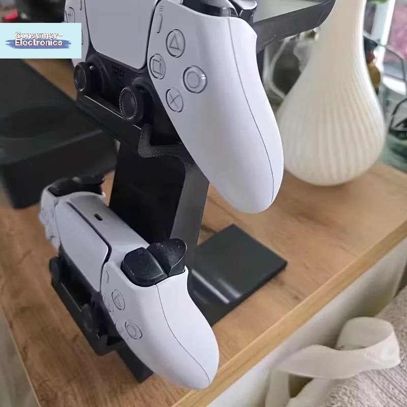 Suporte preto para dois controles de videogame brancos, estrutura compacta para organização gamer