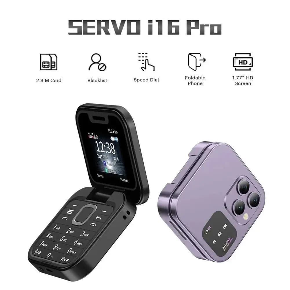 Foto do telefone flip I16 Pro fechado mostrando o slot para cartões SIM e microSD, fundo azul com paisagem de mar e céu