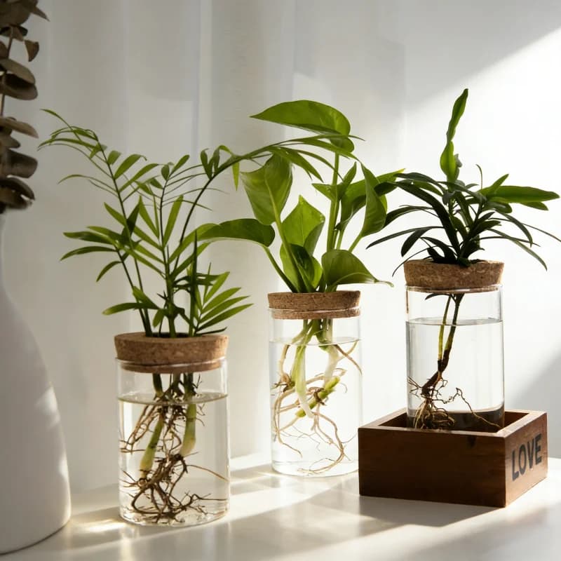 Vasos de vidro hidropônicos com plantas e tampas de cortiça, decoração de mesa.