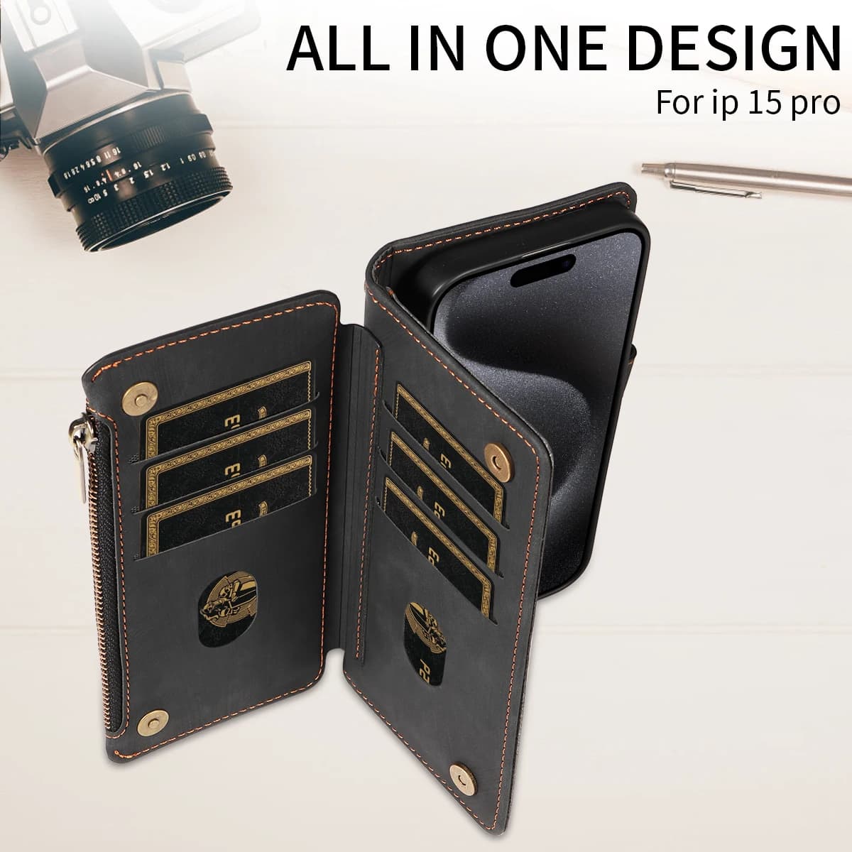 Design all-in-one capa carteira preta para Xiaomi Redmi Poco com múltiplos slots para cartões