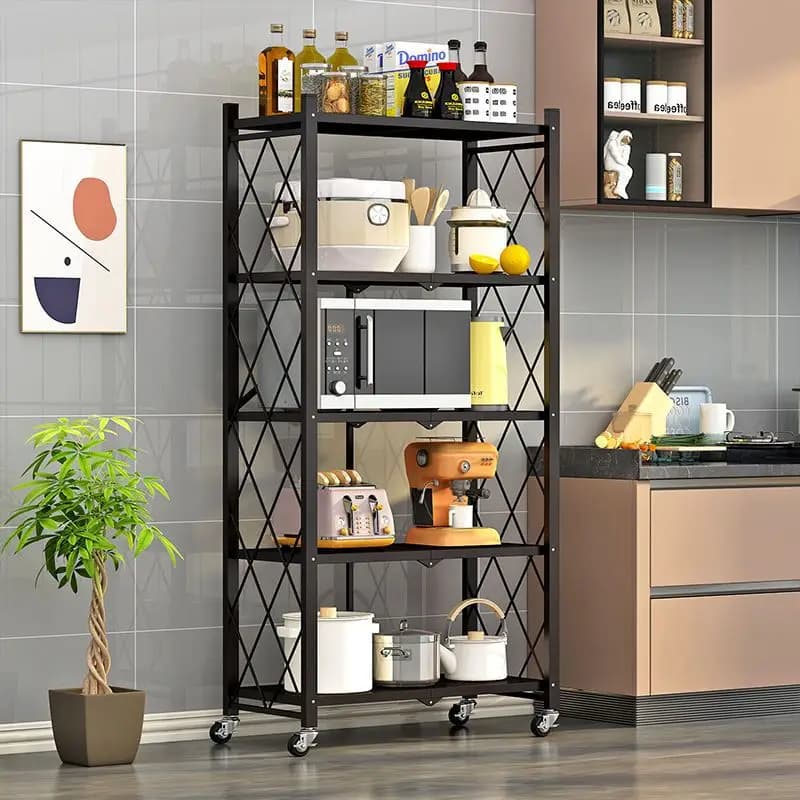 Estante multifuncional dobrável de metal preto com cinco prateleiras para cozinha