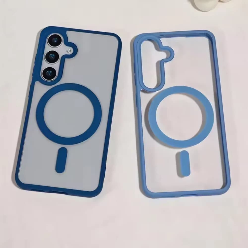 Capa de telefone acrílica para Samsung Galaxy, com carregamento magnético, branca com detalhes azuis