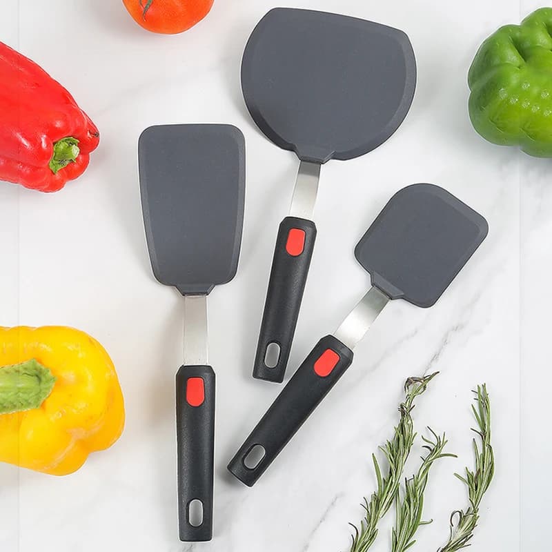 Espátulas de silicone cinza com cabo preto e botão vermelho, utensílios para cozinha alta resistência térmica