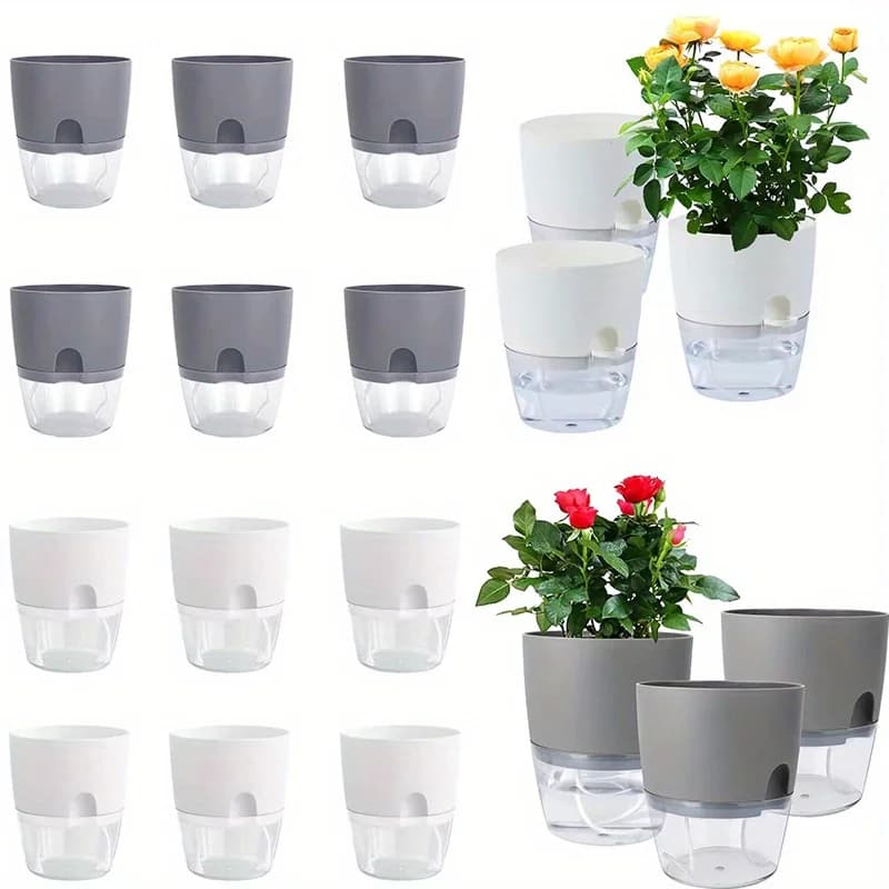 Vasos de flores de auto-rega cinza e branco com flores amarelas e vermelhas