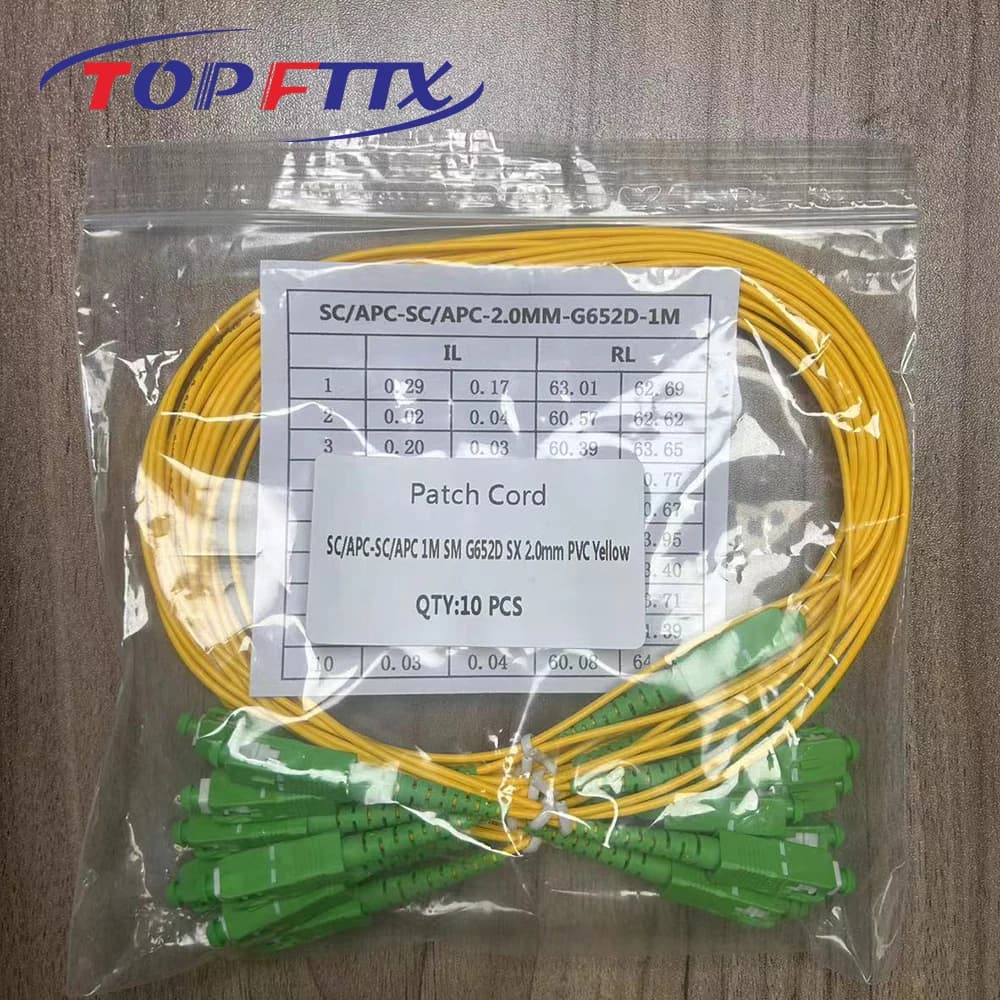 Kit 10 cabos de remendo fibra óptica OS2 SC/APC UPC simplex 0,5m amarelo com conectores verdes