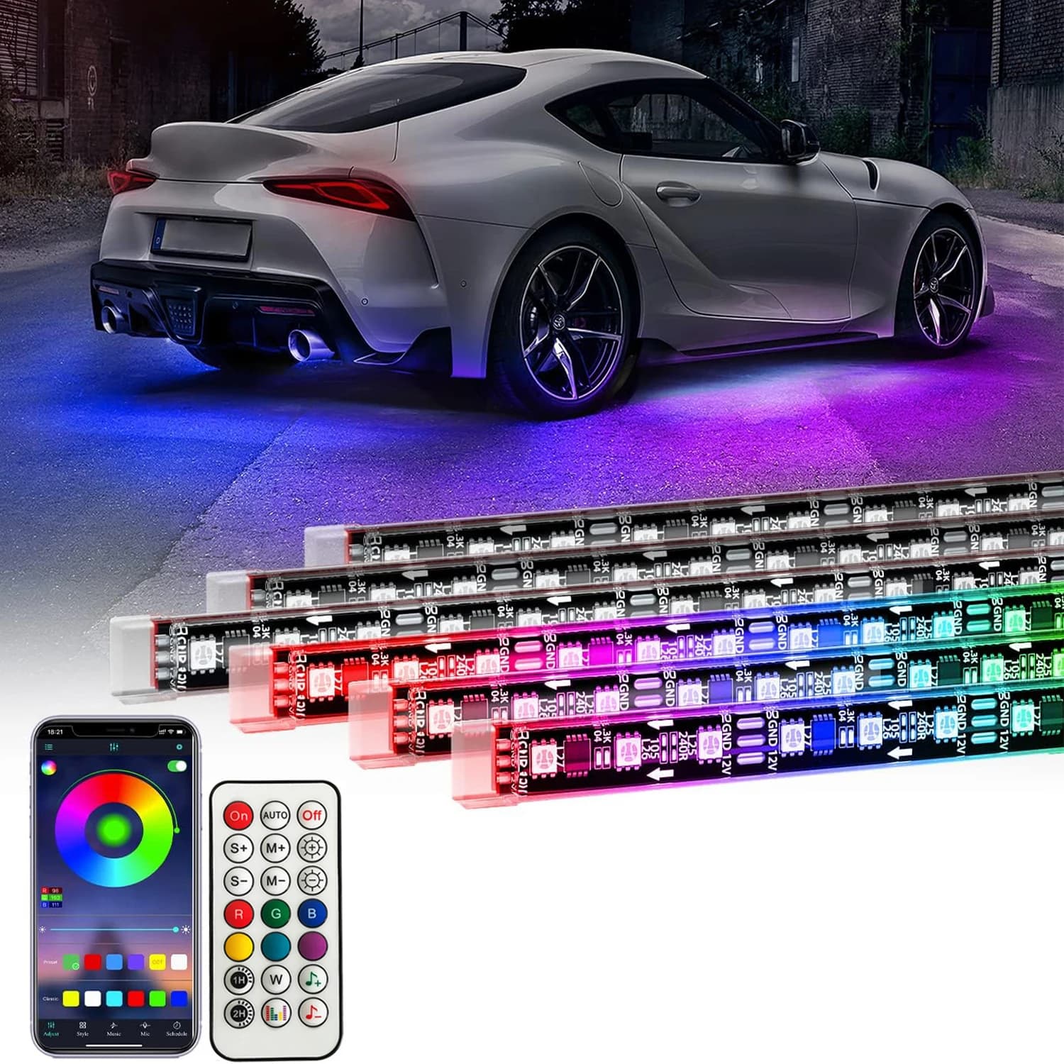 Faixa de luz subbrilhante para carro, flexível, rgb, 12v, led, luz ambiente com controle por aplicativo, néon, lâmpadas de atmosfera decorativa automática