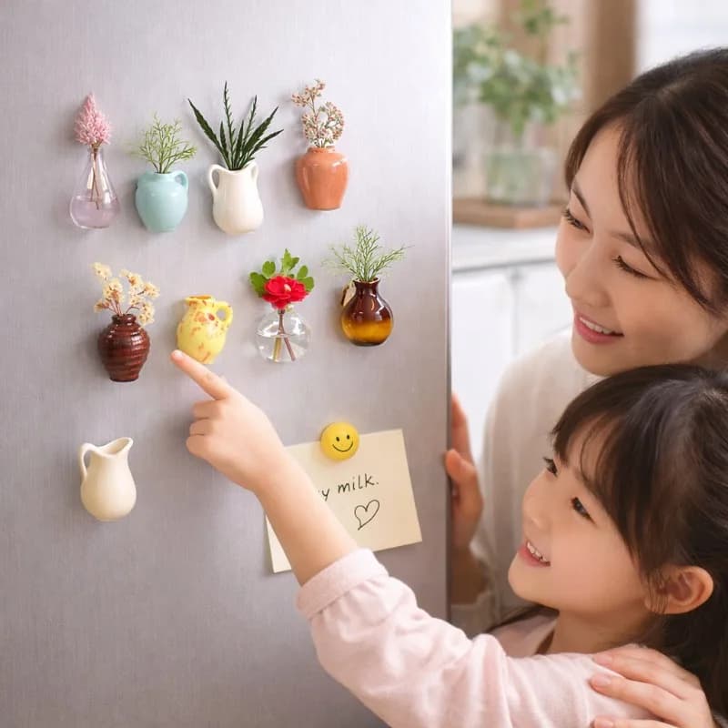 Mãe e filha interagindo com conjunto de vasos magnéticos mini flor criativa em resina na geladeira
