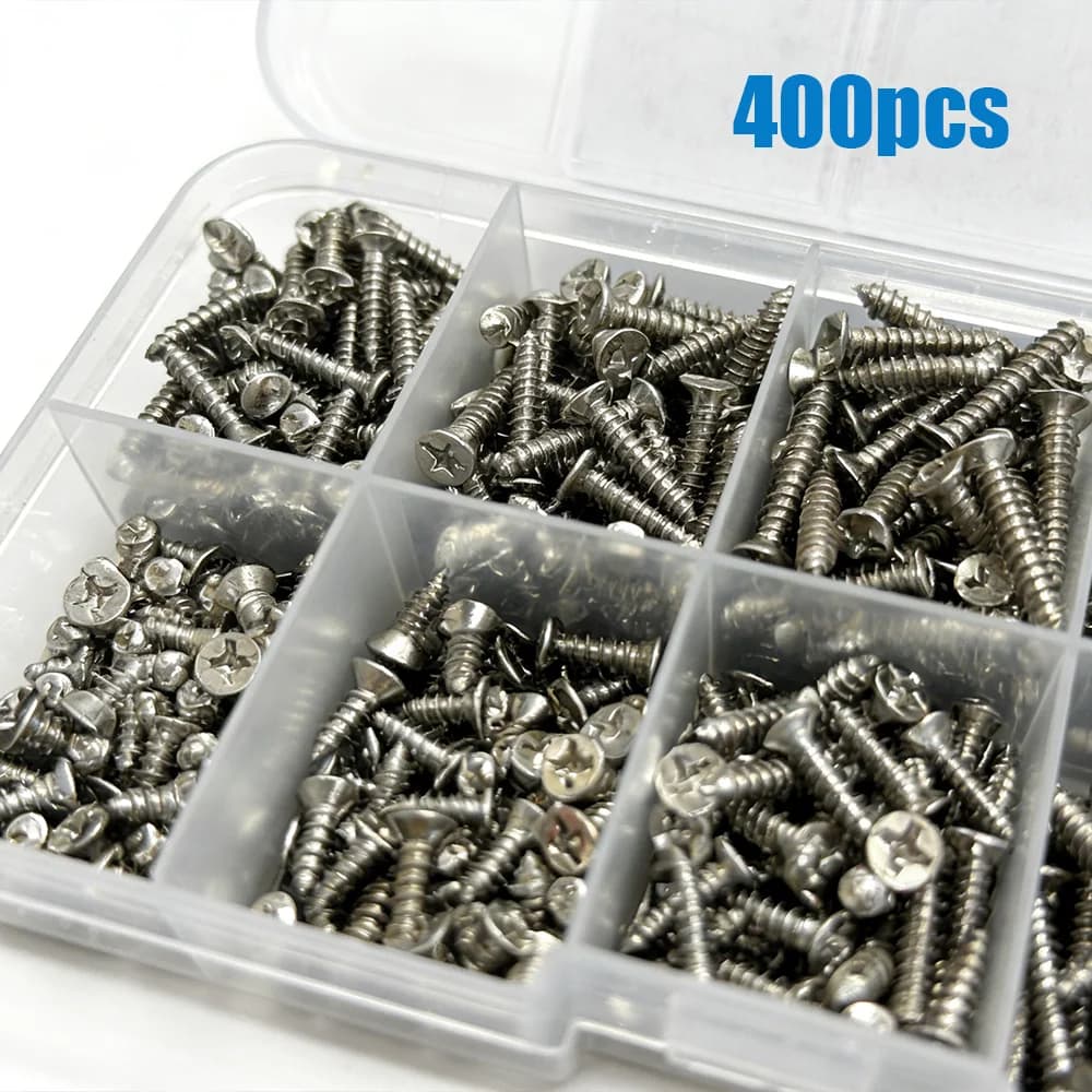 Kit 400 parafusos auto-roscantes M3 aço inox organizados em caixa plástica transparente
