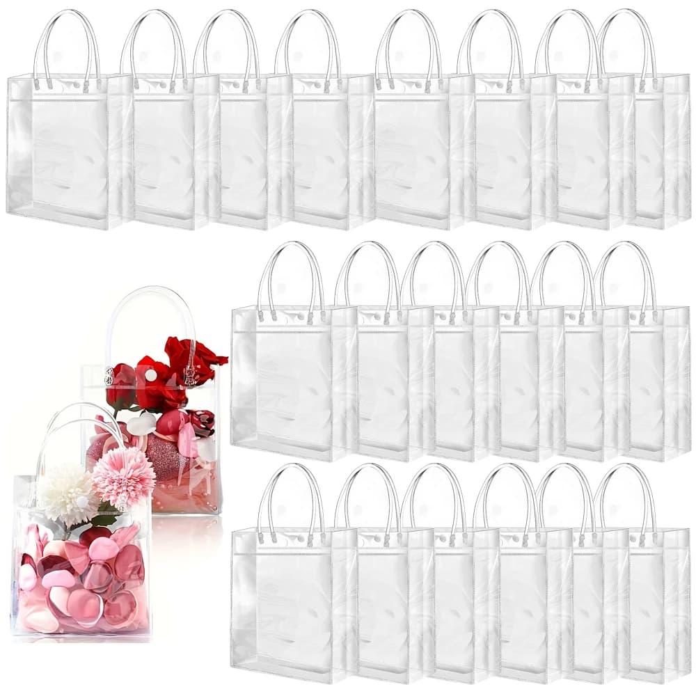 Sacos de presente transparentes com flores vermelhas e rosa, fundo branco