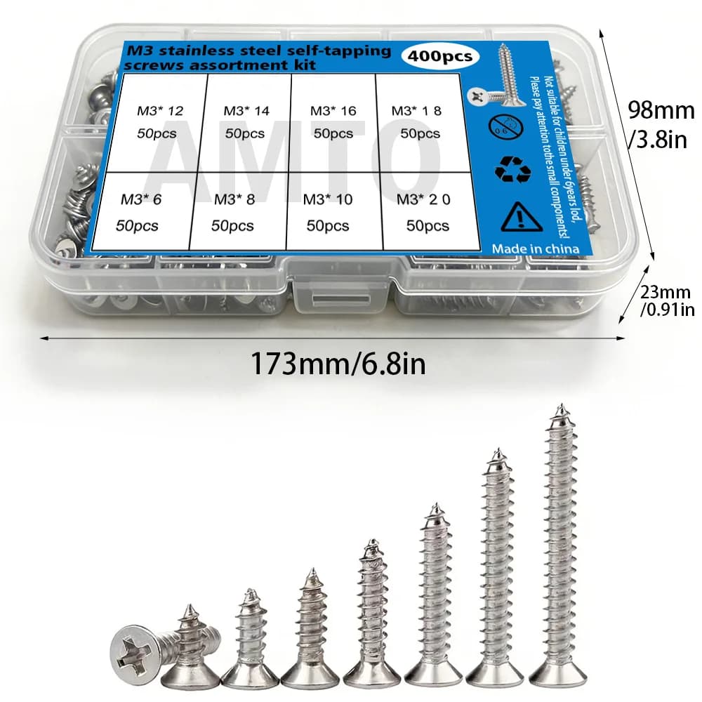 Kit de parafusos auto-roscantes de aço inoxidável M3 400 peças