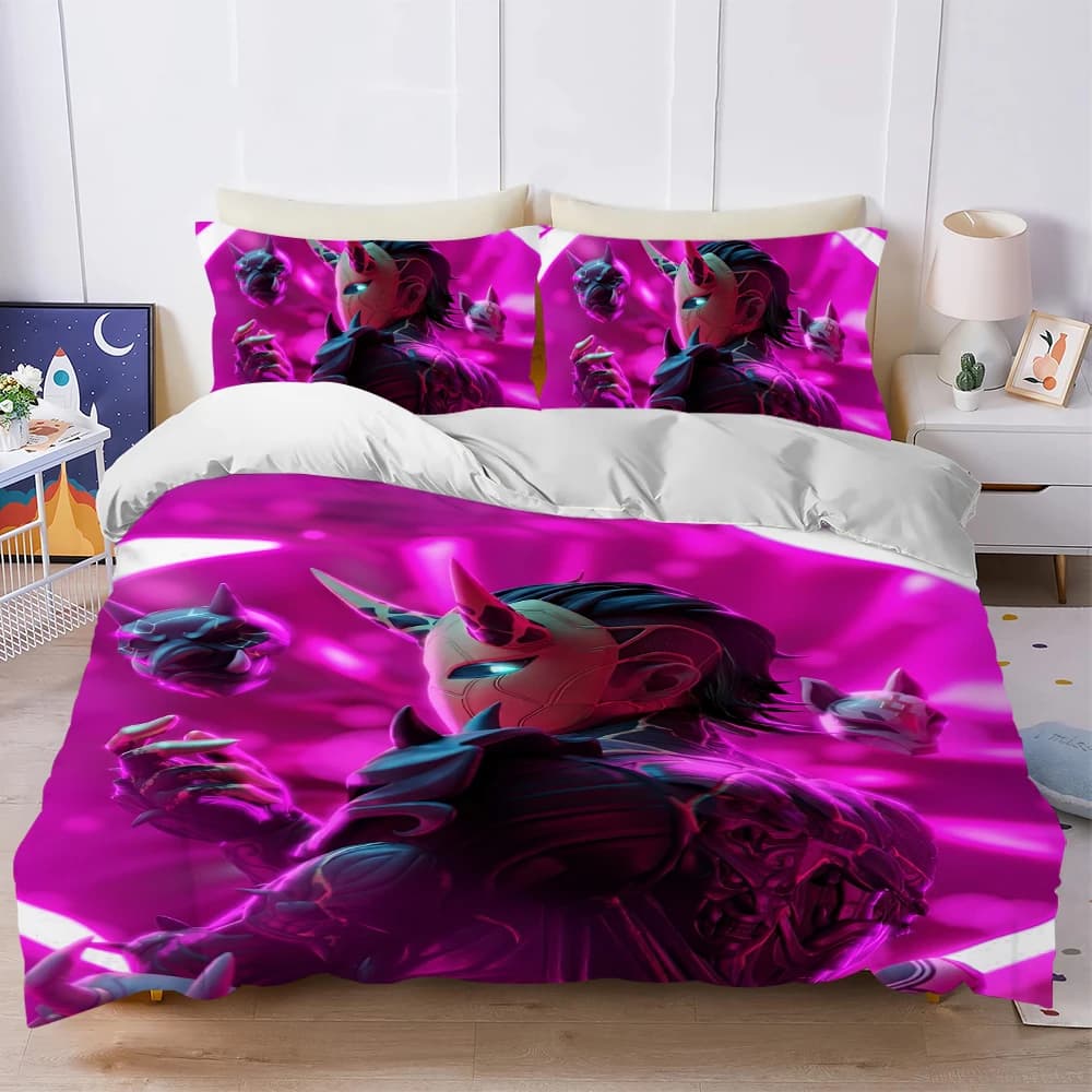 Capa de edredom Fortnite roxa com estampa personagem futurista, conjunto macio 3 peças para cama