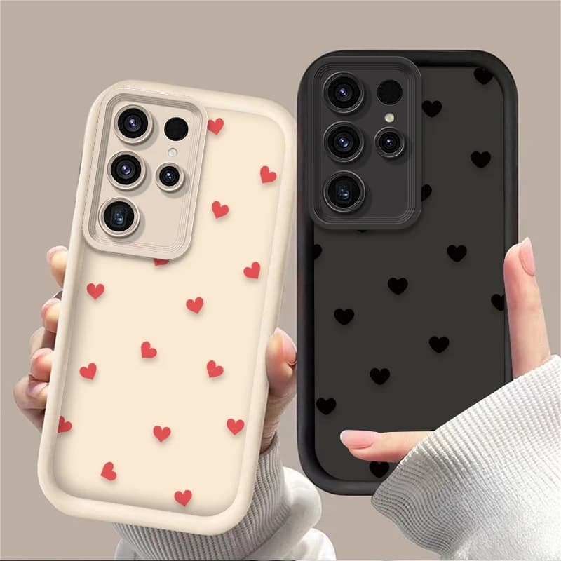 Capa de telefone em forma de coração preto e branco para Samsung com corações vermelhos