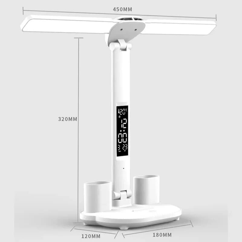 Luminária de mesa LED branca dobrável com dimensões 450x320x180mm e display digital integrado