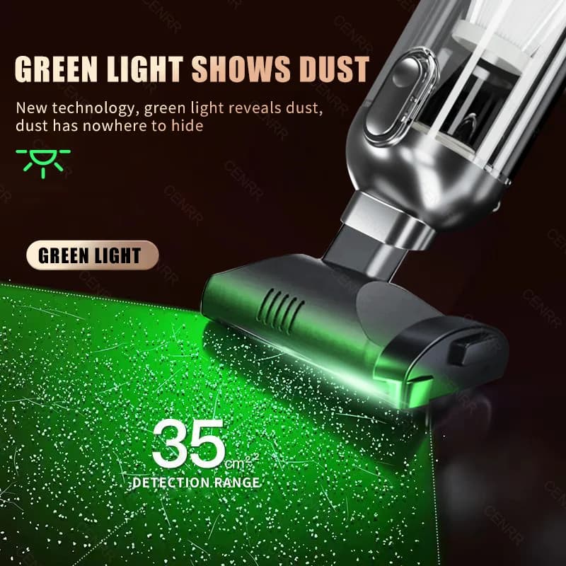 Aspirador de pó portátil para carro com luz verde para detecção de poeira em área de 35 cm²