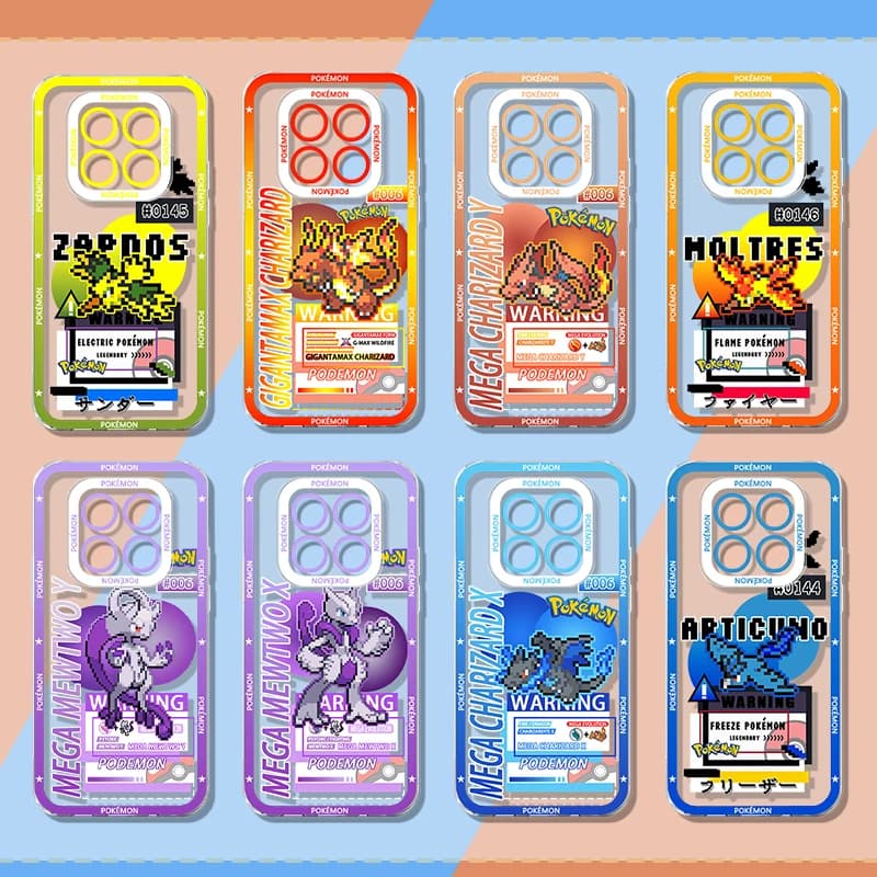 Capa de telefone transparente com design de pixel art de MEWTWO em fundo roxo