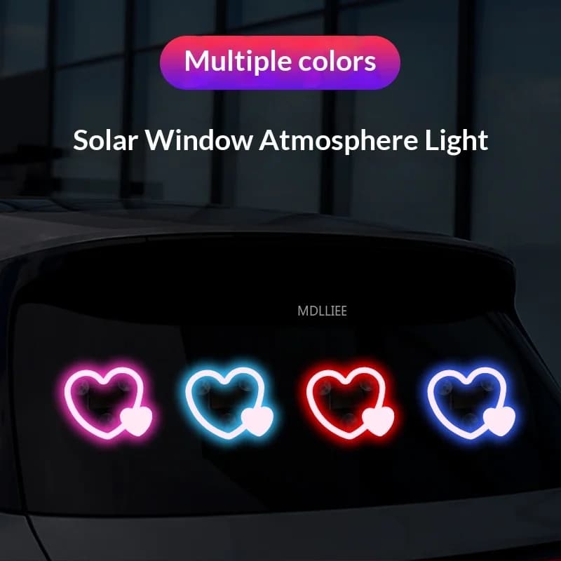 Luz ambiente LED solar para carro em formato de coração com múltiplas cores neon exibidas no vidro traseiro
