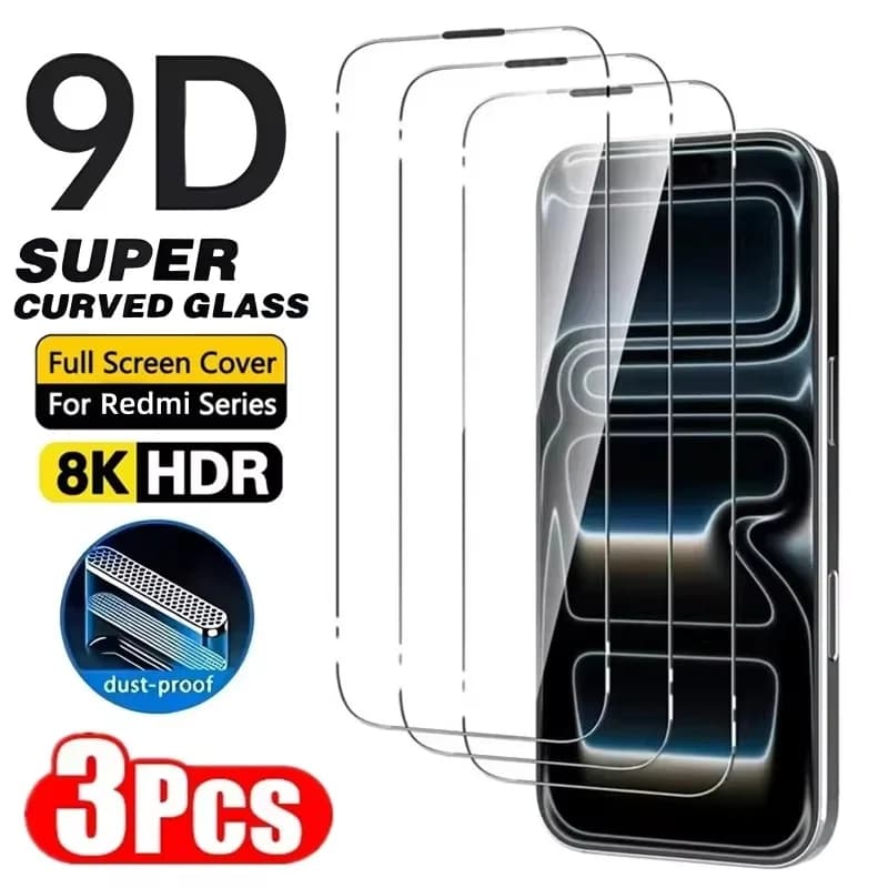 Protetor de tela de vidro temperado 9D para Xiaomi Redmi, 3 peças, cobertura completa, resistente à poeira