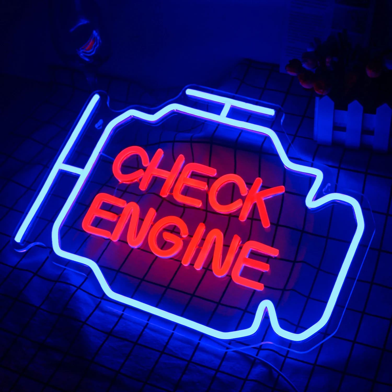 Sinais de néon decorativos com temas de oficina e garagem em diferentes estilos e cores.