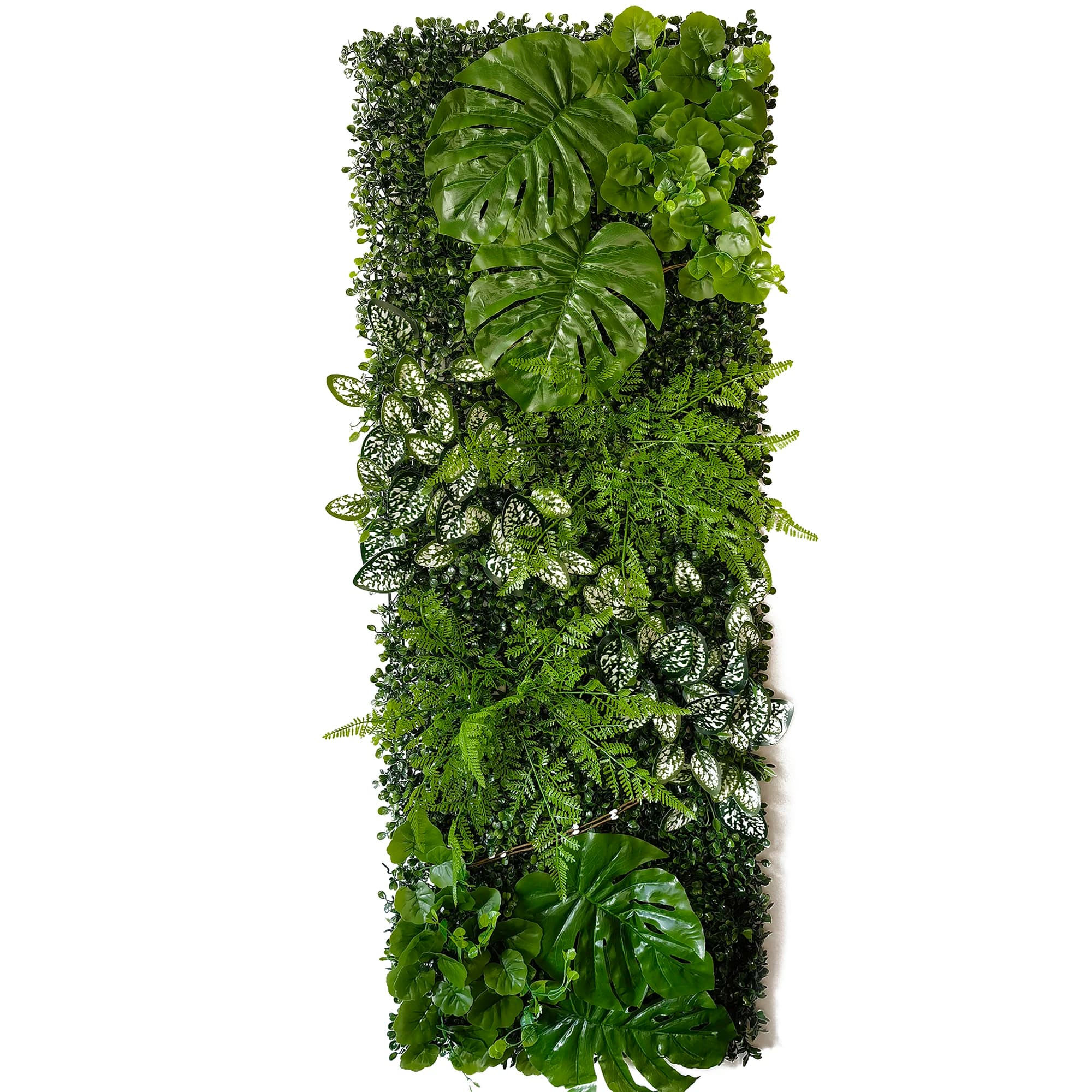 Painel decorativo de planta artificial Jácotei com folhas verdes variadas e grama 40x120 cm