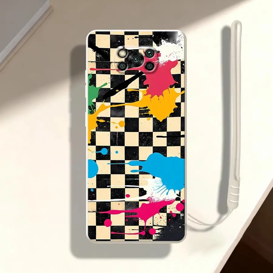 Capa traseira macia para Xiaomi Poco com estampa xadrez grafite e respingos coloridos