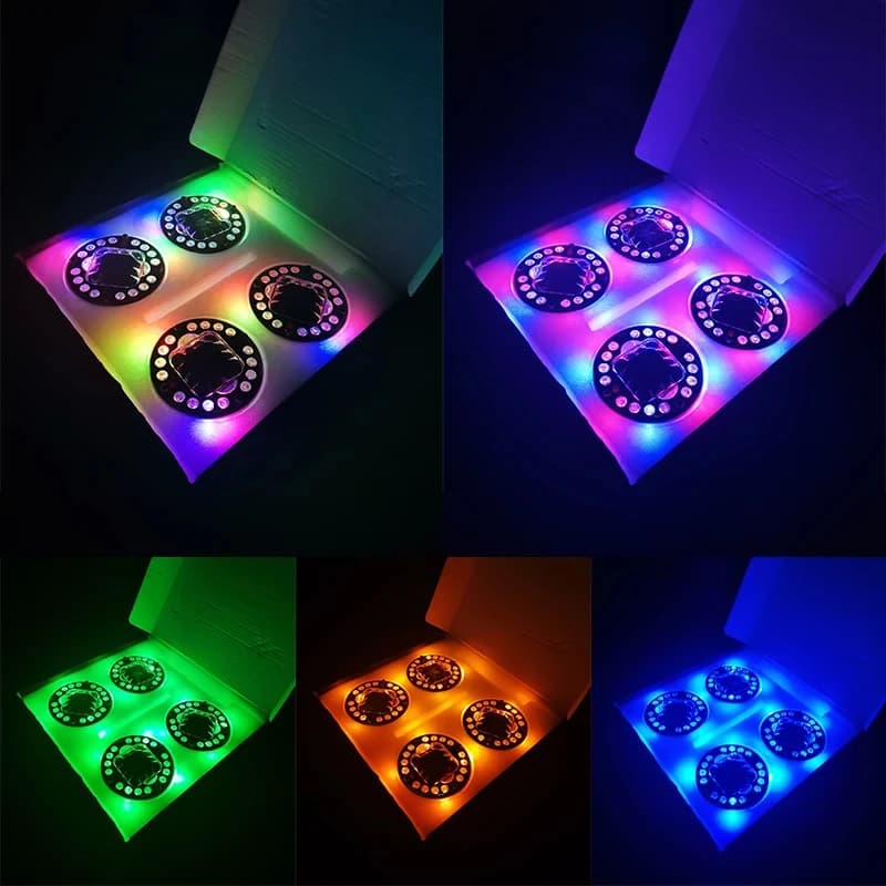 Luzes LED RGB para roda de carro em 4 peças mostrando diferentes cores multicoloridas em embalagem aberta