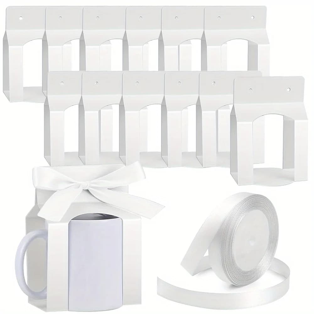 12 caixas de caneca de pacote com 1 rolo de fita para presentes, canecas de sublimação de 11-12 onças caixa de embalagem de presente com janela para canecas em branco embrulho de presente