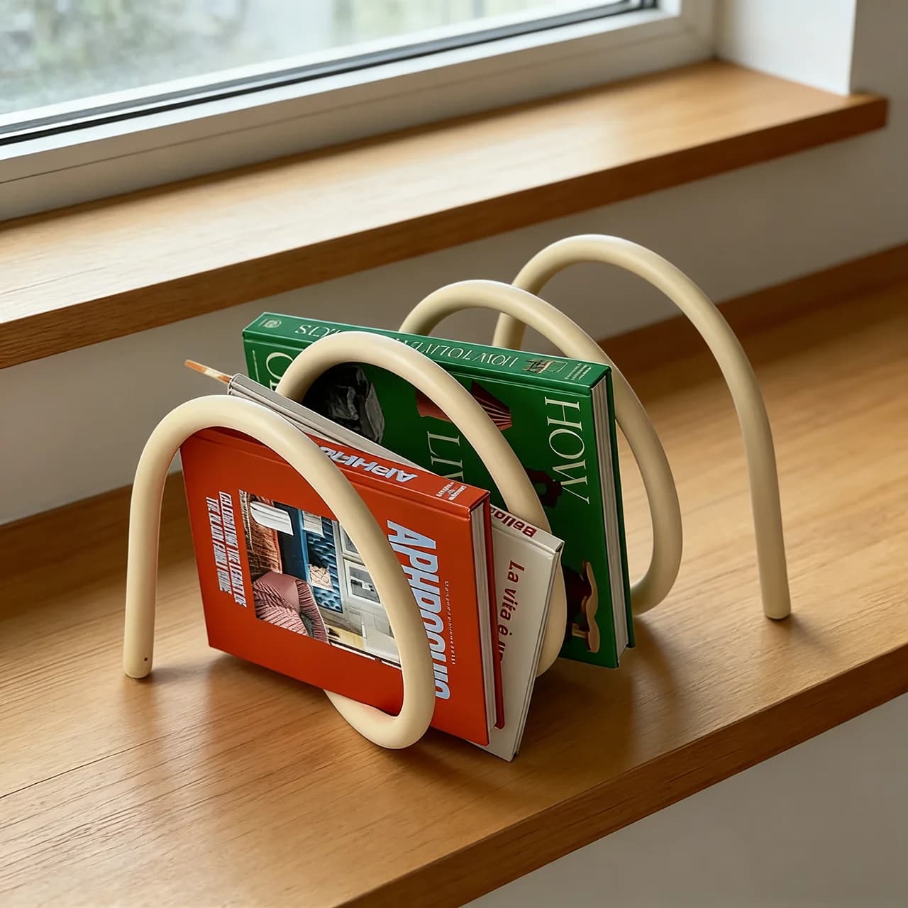 Estante giratória de mesa creme estilo mola para livros e revistas decorativa