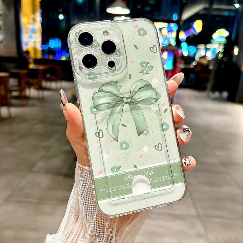 Capa transparente para Poco Xiaomi com estampa de laço verde e flores, carteira integrada para celular