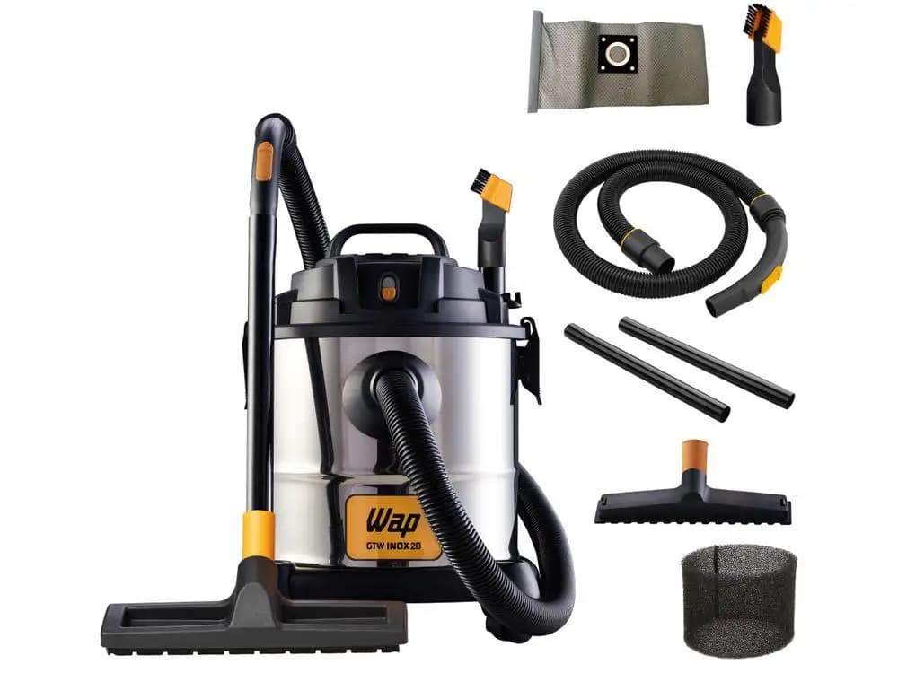 Aspirador de Pó e Água Wap GTW Inox 20 com - 110V, preto e prata, com tubo e escova de limpeza.