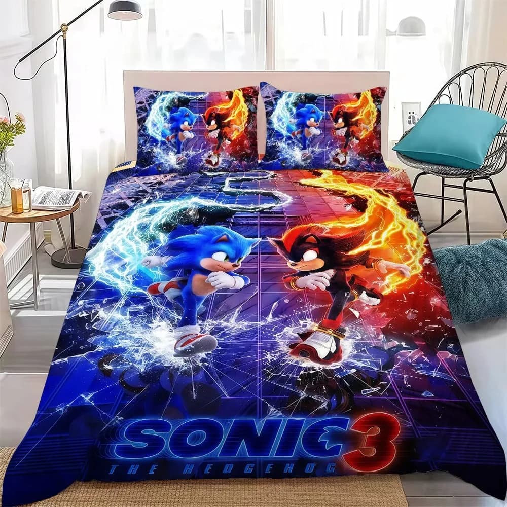 Capa de edredom Sonic 3 azul e vermelho com personagens em corrida, conjunto 3 peças algodão macio