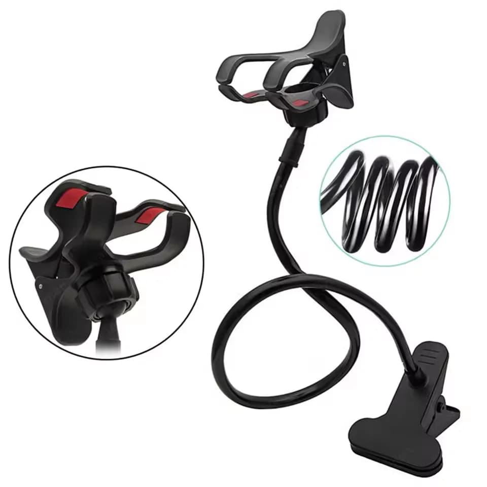 Suporte para celular preto com braço flexível longo e clipe de fixação resistente para mesa ou cama