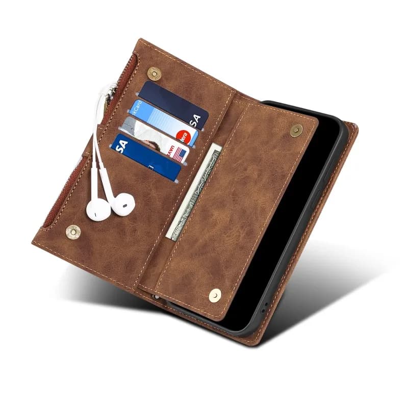 Capa carteira marrom para smartphone Poco Xiaomi com zíper, compartimentos para cartões e dinheiro