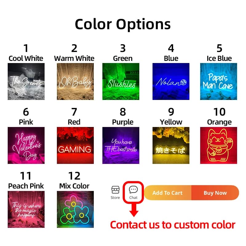Opções de cores para letreiro neon LED personalizado incluindo branco, verde, azul, rosa, vermelho, amarelo e multicolorido