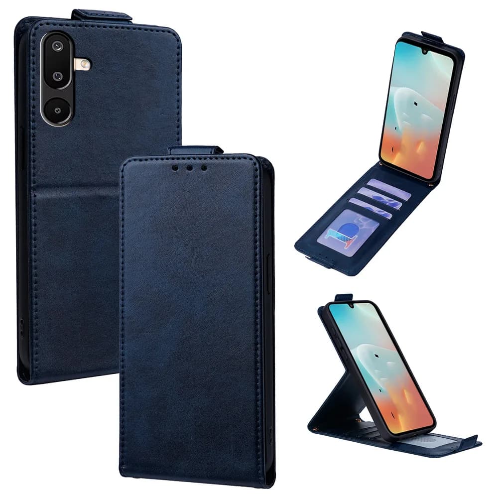 Capa azul para celular Xiaomi Poco com flip vertical e porta-cartões, material couro sintético