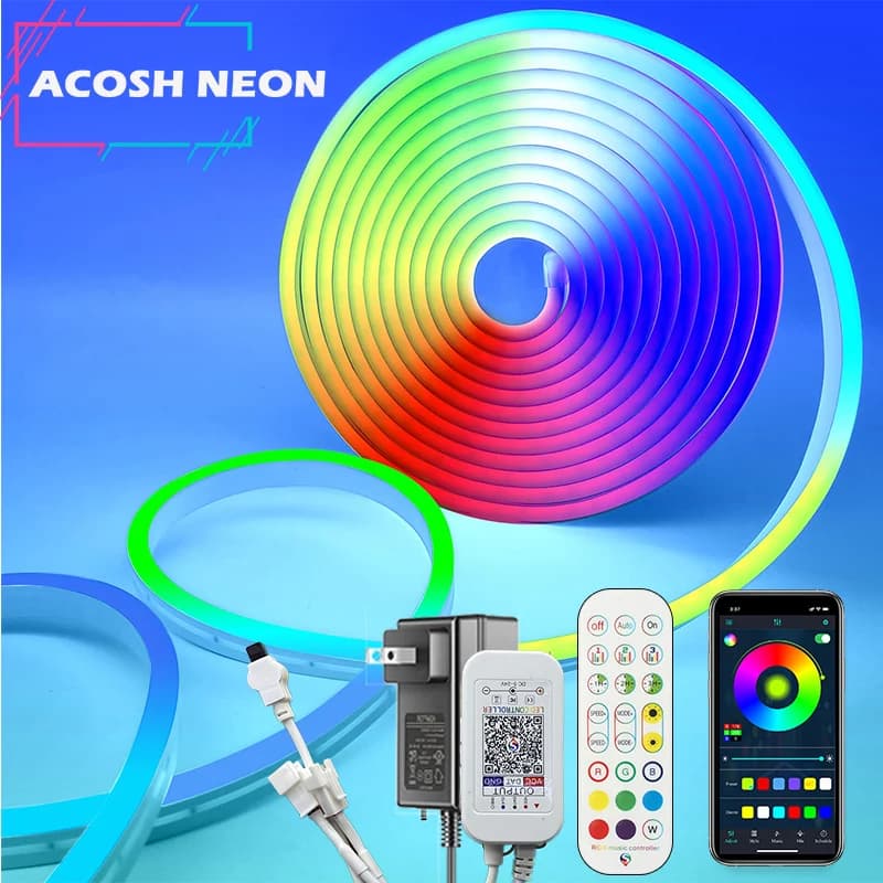 RGB Silicone Neon Lights com Music Sync, Corda Bluetooth, LED Strip Lights para quarto e sala de estar, 84LEDs/m, DC12-24V