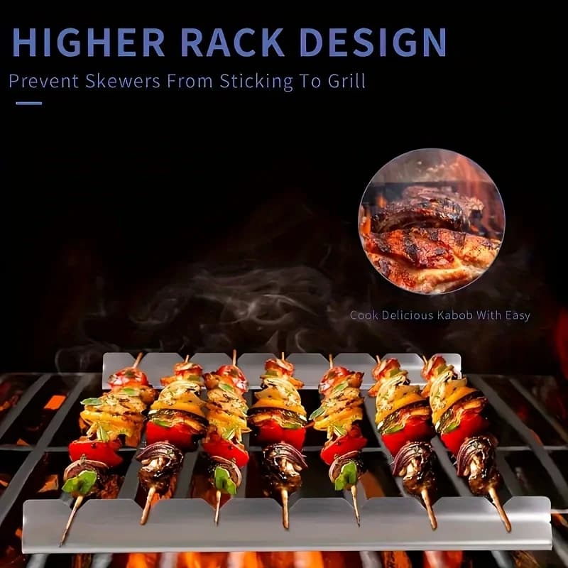 Suporte para espetos de churrasco em aço inoxidável com design elevado para evitar que espetos grudem na grelha