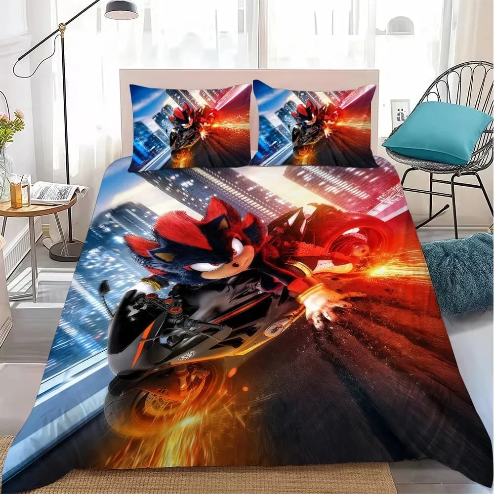 Conjunto capa de edredom preto com estampa Sonic The Hedgehog em moto, algodão macio 3 peças