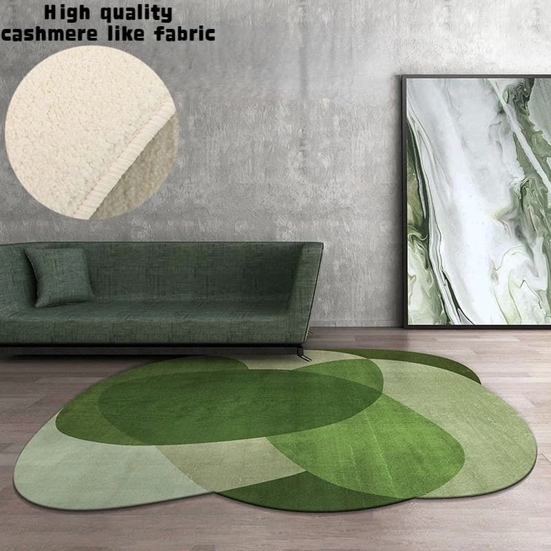 Tapete decorativo irregular verde e branco, design geométrico, antiderrapante, textura cashmere