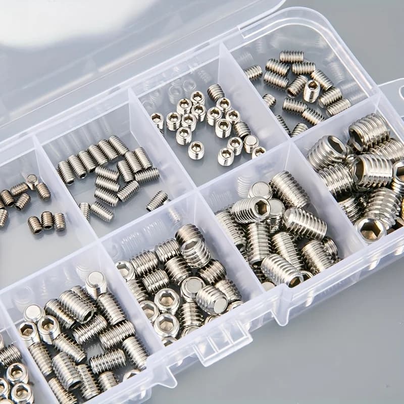 Kit de parafusos de aço inoxidável 304, tamanhos M2.5-M4, organizado em compartimentos transparentes