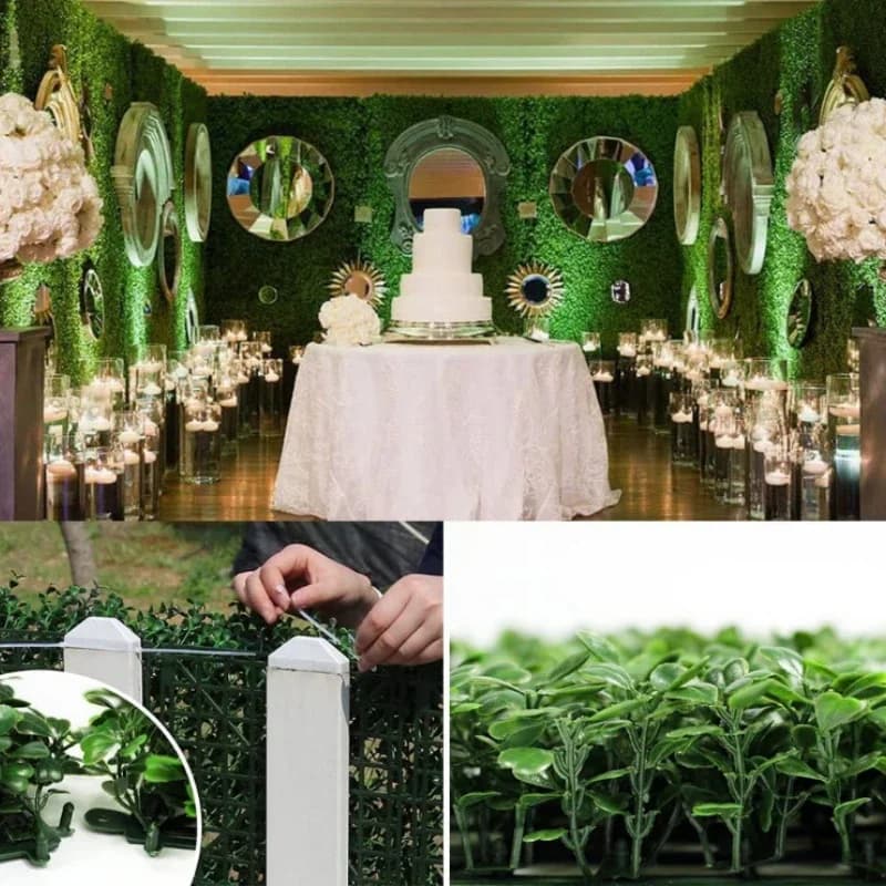 Painel de grama artificial verde para decoração de parede com espelhos e iluminação ambiente para eventos