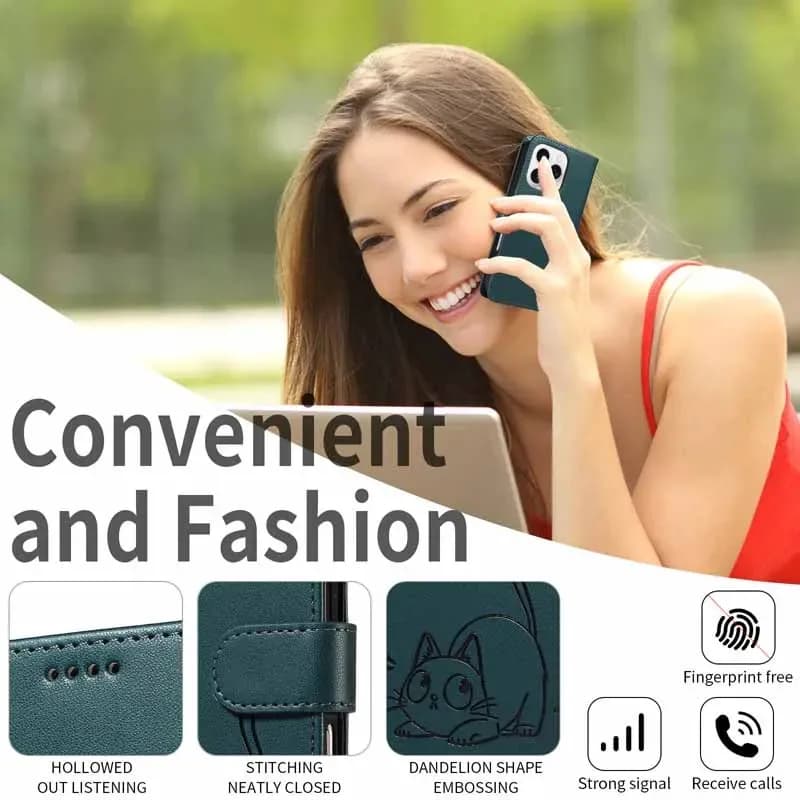 Mulher usando capa para celular verde escuro com estampa de gato, estilo carteira para Redmi Note 8