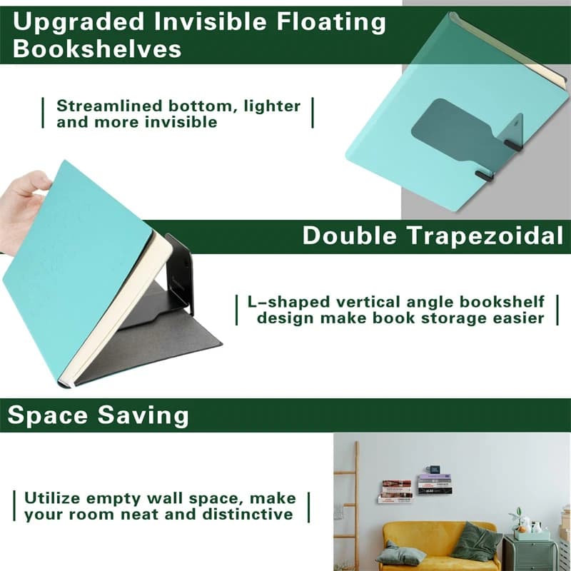 Suporte metálico preto para prateleira flutuante invisível com design trapezoidal e economia de espaço