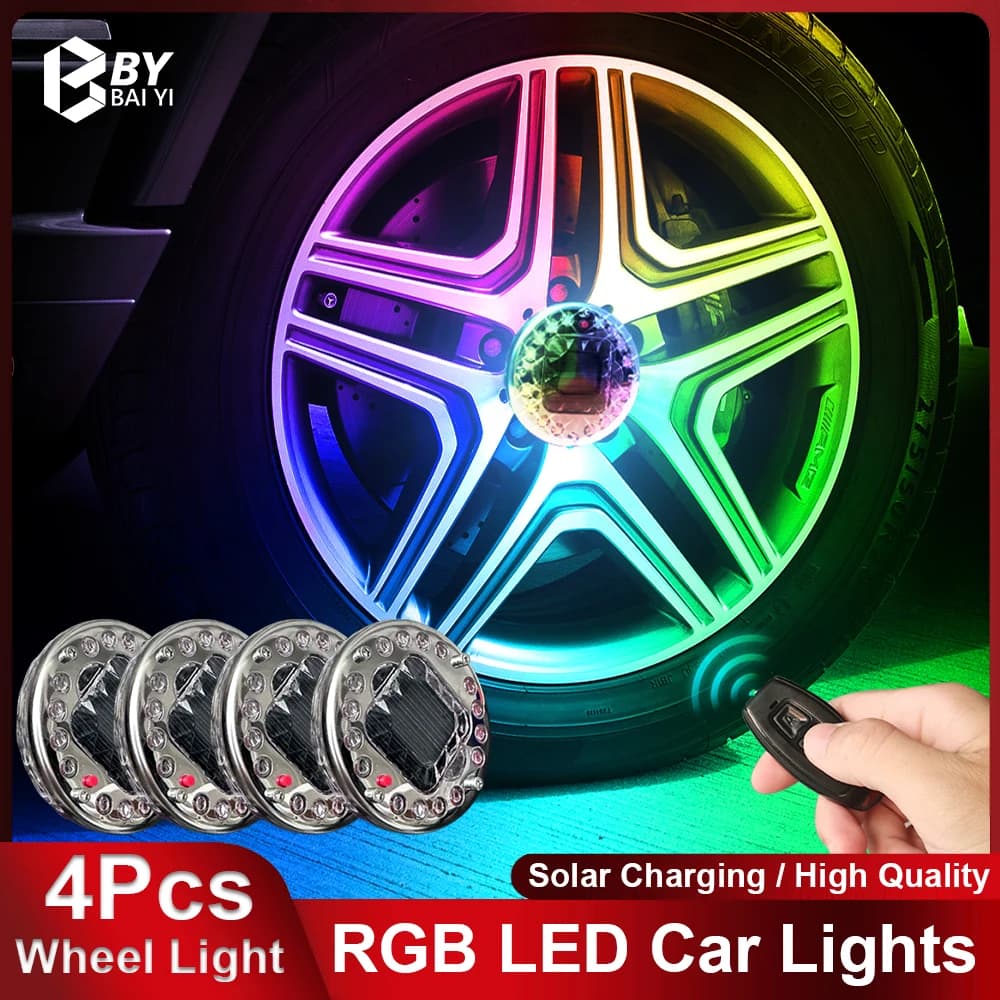 Luzes LED RGB para rodas de carro com controle remoto e carregamento solar